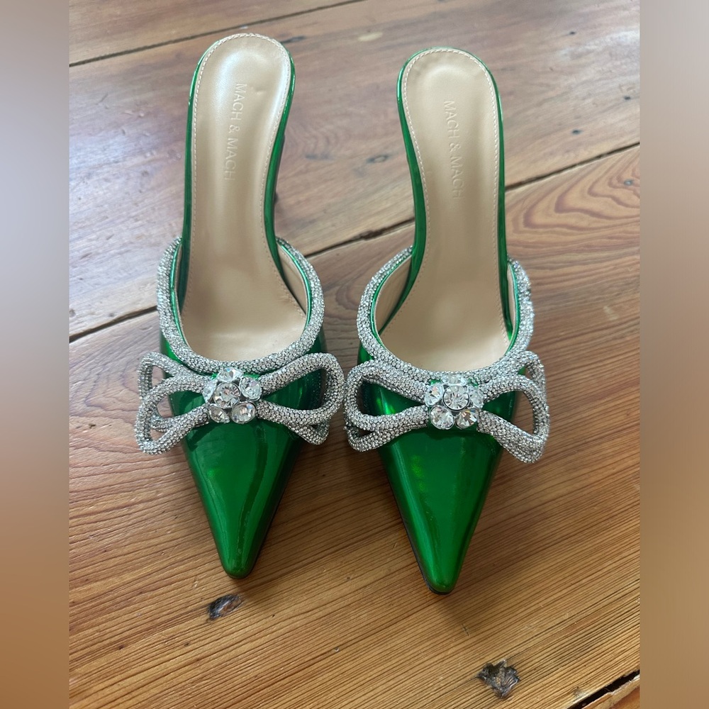 Mach & Mach Women's Green Double-bow Crystal-embellished Leather Mules 38.5